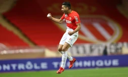 La joie de l'attaquant colombien de Monaco Falcao après son lob somptueux face à Caen en Coupe de le Ligue, le 12 décembre 2017 à Louis-II