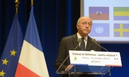 Le ministre français des Affaires étrangères Laurent Fabius à l'ouverture de la confrence "Climat et Défense" le 14 octobre 2015 à Paris 
