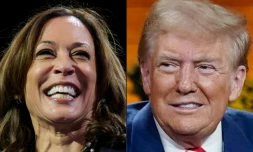Montage photos du 16 octobre 2024 de la candidate démocrate Kamala Harris et de son rival républicain Donald Trump
