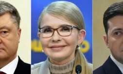 Les trois candidats à la présidentielle en Ukraine, le président Petro Poroshenko, l'ex-Première ministre Ioulia Timochenko et le comédien Volodymyr Zelensky dans un photomontage réalisé à Paris le 27 mars 2019