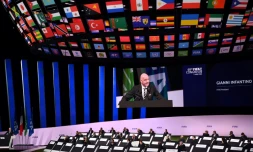 Le président de la Fifa Gianni Infantino fait une allocution à l'ouverture du 69e Congrès de la Fifa, le 5 juin 2019 à Paris 