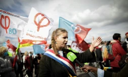 Mathilde Panot lors d'une manifestation devant l'usine Lubrizol Ă Rouen, le 26 septembre 2020