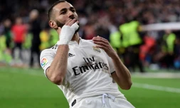 L'attaquant du Real Madrid Karim Benzema buteur lors de la victoire du Real Madrid 3-2 sur Huesca en 29e journée du championnat d'Espagne le 31 mars 2019