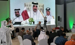 L'émir du Qatar, Cheikh Tamim ben Hamas Al-Thani, à l'ouverture du sommet exceptionnel des dirigeants arabes et musulmans à Doha, le 15 septembre 2025
