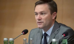 Le président de l'UCI, David Lappartient, en conférence de presse à Innsbruck, en Autriche, le 29 septembre 2018