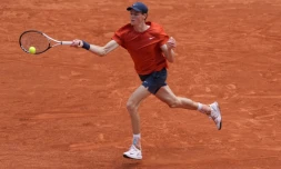 L'Italien Jannik Sinner, prochain N.1 mondial, en quarts du tournoi de Roland-Garros contre le Bulgare Grigor Dimitrov sur le court Philippe-Chatrier le 4 juin 2024 à Paris
