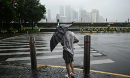 Un homme tente de se protéger du typhon Bebinca avec son parapluie, le 16 septembre 2024 à Shanghai