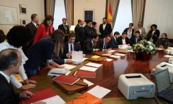 (De G à D) les séparatistes catalans emprisonnés et élus membres du parlement Jordi Turull, Jordi Sanchez, Josep Rull and Oriol Junqueras le 20 mai 2019 à Madrid