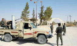 Des soldats syriens dans une rue d'al-Qaryatayne, le 22 octobre 2017
