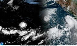Vue satellite des trois ouragans Lowell, Karina et Marie au-dessus de l'océan Pacifique le 2 septembre 2026 (images de la NOAA, l'Agence américaine d'observation océanique et atmosphérique