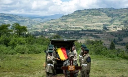 Des officiers de l'armée ougandaise transportent le cercueil de l'athlète ougandaise Rebecca Cheptegei, qui était aussi sergent de l'armée ougandaise, dans la localité de Bukwo, le 14 septembre 2024, en Ouganda