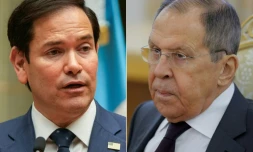 Montage photos du 17 février 2025 montrant le secrétaire d'Etat américain Marco Rubio (g.) et le ministre russe des Affaires étrangères Sergueï Lavrov