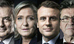Montage créé le 14 avril 2017 des quatre principaux candidats à l'électin présidentielle: François Fillon, Marine Le Pen, Emmanuel Macron et Jean-Luc Melenchon