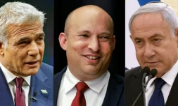 Photomontage créé le 5 mai 2021 montrant, de gauche à droite, les hommes politiques israéliens Yair Lapid (centriste), Naftali Bennett (droite), et le Premier ministre Benjamin Netanyahu