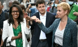 Audrey Pulvar, Julien Bayou et Clémentine Autain à Aubervilliers le 21 juin 2021 pour expliquer leur accord d'union