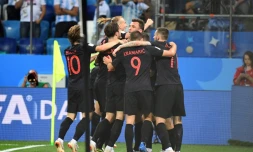 Les joueurs croates fous de joie après leur 3e but face àl'Argentine le 21 juin 2018 lors du Mondial en Russie