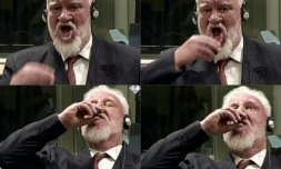 Captures d'images de la vidéo du TPIY sur laquelle on voit l'ex-chef militaire des Croates de Bosnie Slobodan Praljak avaler du poison, au moment du verdict, le 29 novembre 2017 à La Haye