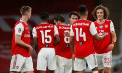 La joie des joueurs d'Arsenal qualifiés pour la finale de la Coupe d'Angleterre aux dépens de Manchester City, le 18 juillet 2020 à Londres