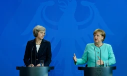 La PremiĂšre ministre britannique Theresa May et la chanceliĂšre allemande Angela Merkel Ă Berlin, le 20 juillet 2016