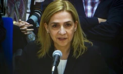 L'infante Cristina d'Espagne, soeur du roi Felipe VI lors d'une restransmission télévisée de son audition par un juge pour complicité de fraude fiscale, le 3 mars 2016 à Palma de Majorque