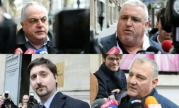 Le secrétaire général de l'Unsa Roger Dillenseger (en haut à gauche), le secrétaire général de la CFDT Didier Aubert (en haut à droite), celui de la CGT Laurent Brun (en bas à gauche) et le représentant de Sud-Rail Eric Santinelli (en bas à droite).
