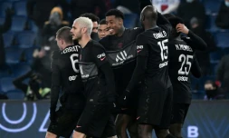 La joie des joueurs du Paris Saint-Germain, après le 2e but marqué par le défenseur allemand Thilo Kehrer face à Brest, lors de la 21e journée de Ligue 1, le 15 janvier 2022 au Parc des Princes