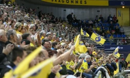 Les supporters des Dragonnes de Metz soutiennent leur équipe face à Toulon en Ligue féminine de handball le 9 mars 2024 à Metz