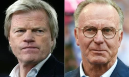 Combo réalisé le 1er juin 2021 avec des photos d'Oliver Kahn, à gauche, à Gelsenkirchen le 17 janvier 2020 et Karl-Heinz Rummenigge, à droite, le 12 mai 2018 à Munich