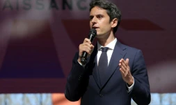 Le secrétaire général de Renaissance, Gabriel Attal, lors d'un meeting du parti à la Cité du cinéma à Saint-Denis, au nord de Paris, le 6 avril 2025