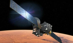 Illustration d'artiste diffusée sur le site web de l'Agence spatiale européenne, le 1er mars 2016, montrant le module d'entrée, de descente et d'atterrissage Schiaparelli de la sonde TGO en route pour Mars