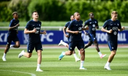 Préparatifs des Bleus : Florian Thauvin, Kylian Mbappé et Lucas Digne, le 30 mai 2017 à Clairefontaine-en-Yvelines