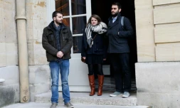Les responsables de l'Unef, William Martinet, Lila Le Bas et Sacha Feierabend Ă l'issue de la rencontre avec Manuel Valls le 11 mars 2016 Ă Matignon Ă Paris