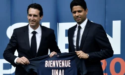L'accueil officiel d'Unai Emery par le président du Paris SG Nasser Al-Khelaïfi, le 4 juillet 2016 au Parc des Princes