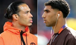 Photomontage du défenseur néerlandais Virgil van Dijk (gauche) et du capitaine du Maroc Achraf Hakimi qui s'affrontent le 29 juin 2026 à Monterrey (Mexique)
