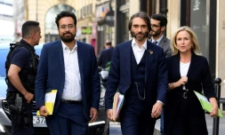 Cédric Villani, accompagné de Mounir Mahjoubi, à Paris le 9 juillet 2019