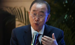 L'ancien secrétaire général de l'ONU Ban Ki-moon lors de la présentation du rapport de la Commission globale sur l'adaptation, le 10 septembre 2019 à Pékin, en Chine