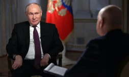 Le président russe Vladimir Poutine lors d'une interview avec le directeur de l'agence d'information russe RIA Novosti, au Kremlin, le 12 mars 2024 à Moscou