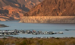 Traces du manque d'eau lié à la sécheresse sur les rives du lac Mead, dans le Nevada, le 21 août 2026