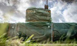 Photo, prise le 25 avril 2018 à Copenhague, du sous-marin artisanal à bord duquel l'inventeur danois Peter Madsen avait embarqué la journaliste Kim Wall
