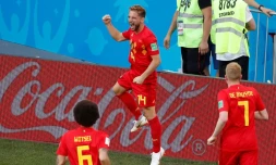Le Belge Dries Mertens exulte après avoir ouvert le score face au Panama lors du Mondial, le 18 juin 2018 à Sotchi