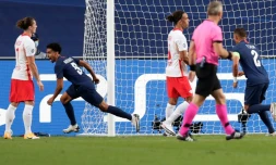 Marquinhos vient d'ouvrir le score pour le PSG face au RB Leipzig en demi-finale de la Ligue des champions au stade de la Luz, le 18 août 2020 à Lisbonne