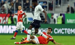 L'attaquant français Ousmane Dembélé face à la Russie en match amical, le 27 mars 2018 à Saint-Pétersbourg