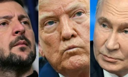 Portraits, de gauche à droite, des présidents ukrainien Volodymyr Zelensky, américain Donald Trump et russe Vladimir Poutine 