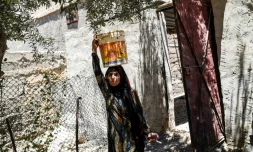 Warda al-Jassem porte de l'eau pour arroser sa vigne, en revenant chez elle à Jazra, banlieue à l'ouest de Raqa, le 15 juillet 2017, cinq semaines après avoir fui les combats contre le groupe EI