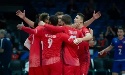 La joie des volleyeurs français après leur victoire face à l'Allemagne, le 6 septembre 2021, lors de l'Euro-2021 à Tallinn