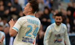 Le milieu Florian Thauvin apporte le but égalisateur aux Marseillais face à Nantes au Vélodrome, le 24 avril 2016