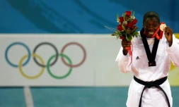 La Française Gwladys Epangue, médaillée de bronze en taekwondo aux JO de Pékin, le 22 août 2008