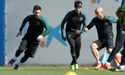 Les Barcelonais Lionel Messi, Neymar et Javier Mascherano, le 7 mars 2017, à la veille du 8e de finale retour de Ligue des champions face au Paris SG