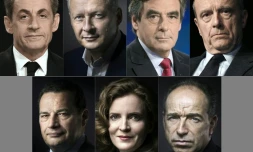 Montage de portraits d'archives réalisé le 2 septembre 2016 des sept candidats à la primaire, Nicolas Sarkozy, Bruno Le Maire, François Fillon, Alain Juppé (de GàD en haut), Jean-Frédéric Poisson, Nathalie Kosciusko-Morizet et Jean-Francois Copé(de GàD en bas)