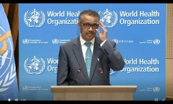 Le directeur général de l'OMS Tedros Adhanom Ghebreyesus en visioconférence, le 18 mai 2020 Genève, à l'ouverture virtuelle de l'Assemblée mondiale de la santé